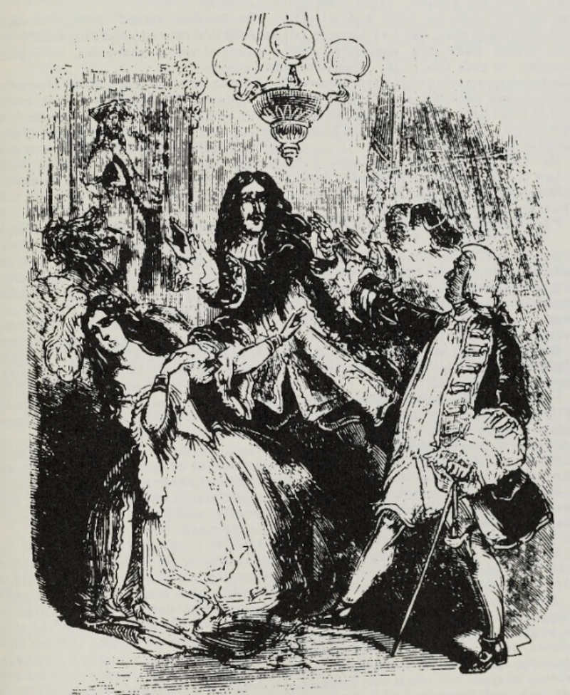 Admiral Bell recognizes the Baron as an impostor (Illustration from Varney the Vampire, chapter CXVIII)