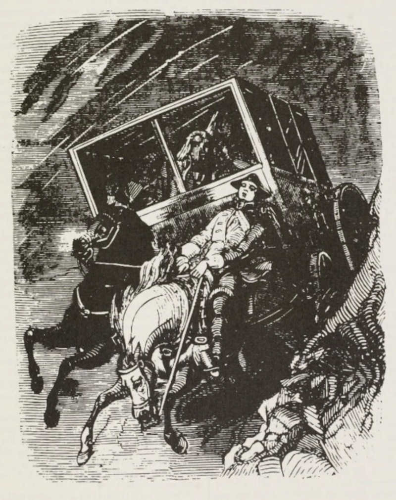 The coach accident (Illustration from Varney the Vampire, chapter CXLII)