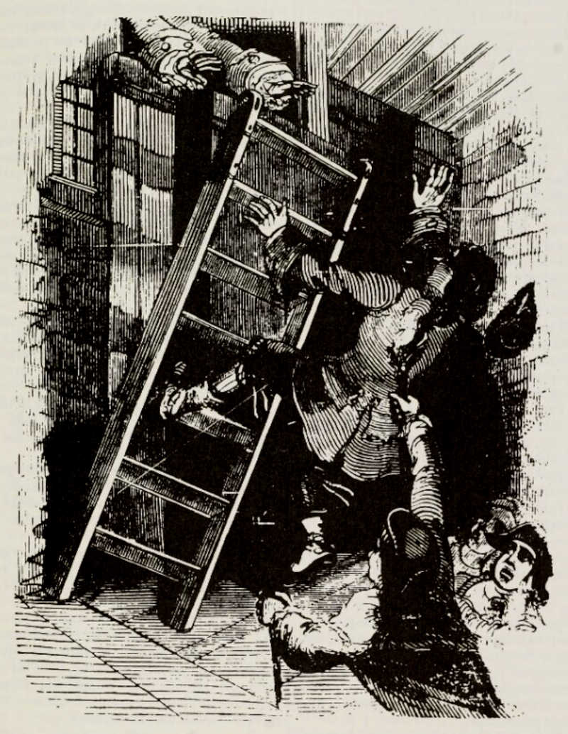 Sir Frances pushes the ladder away (Illustration from Varney the Vampire, chapter CXLIX)